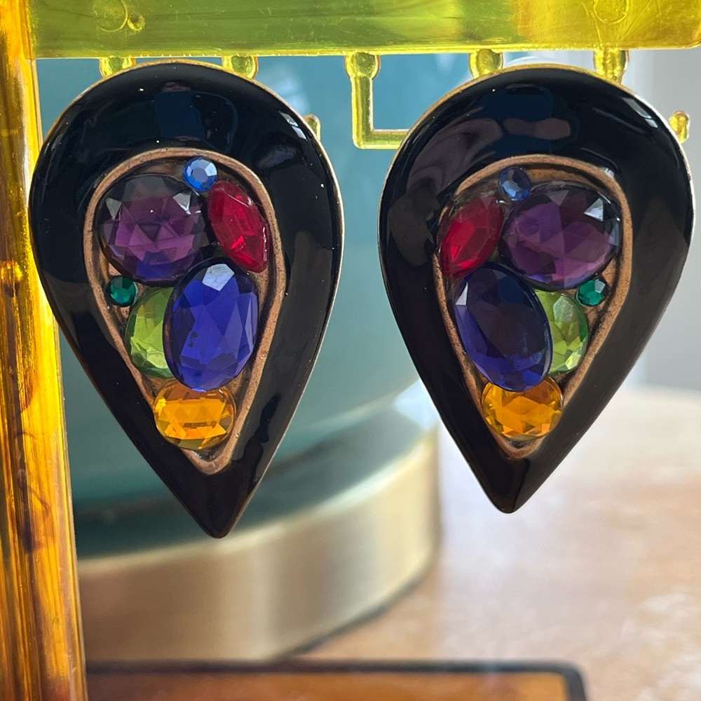Vtg Don Lin 80/90’s Style Teardrop Earrings Black Enamel Multicolored Jewel